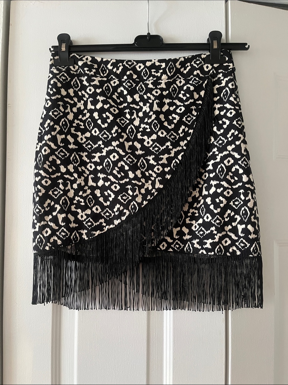 Zara Black and White Fringe Wrap Mini Skirt